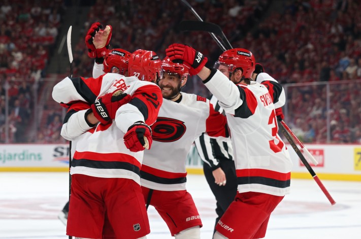 Sebastian Aho #20 of the Carolina Hurricanes celebrates