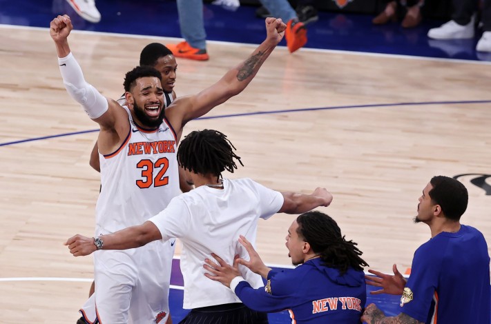 Karl-Anthony Towns #32 of the New York Knicks celebrates