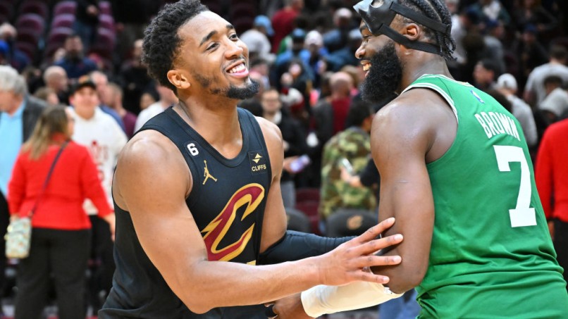 Donovan Mitchell and Jaylen Brown - Boston Celtics v Cleveland Cavaliers