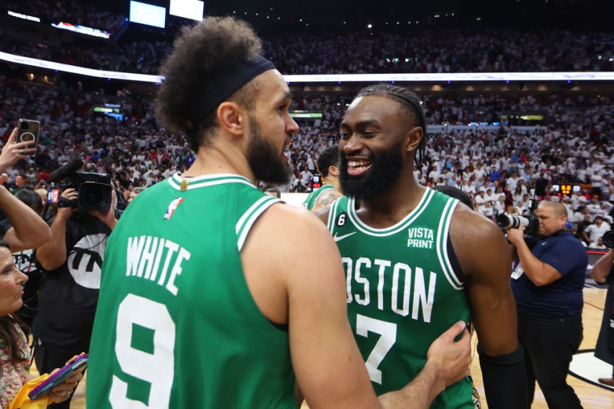 Derrick White and Jaylen Brown - Boston Celtics v Miami Heat - Game Six